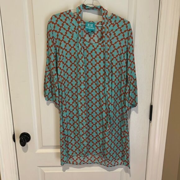 Escapade Teal and Red print dress with tie belt - Picture 1 of 6